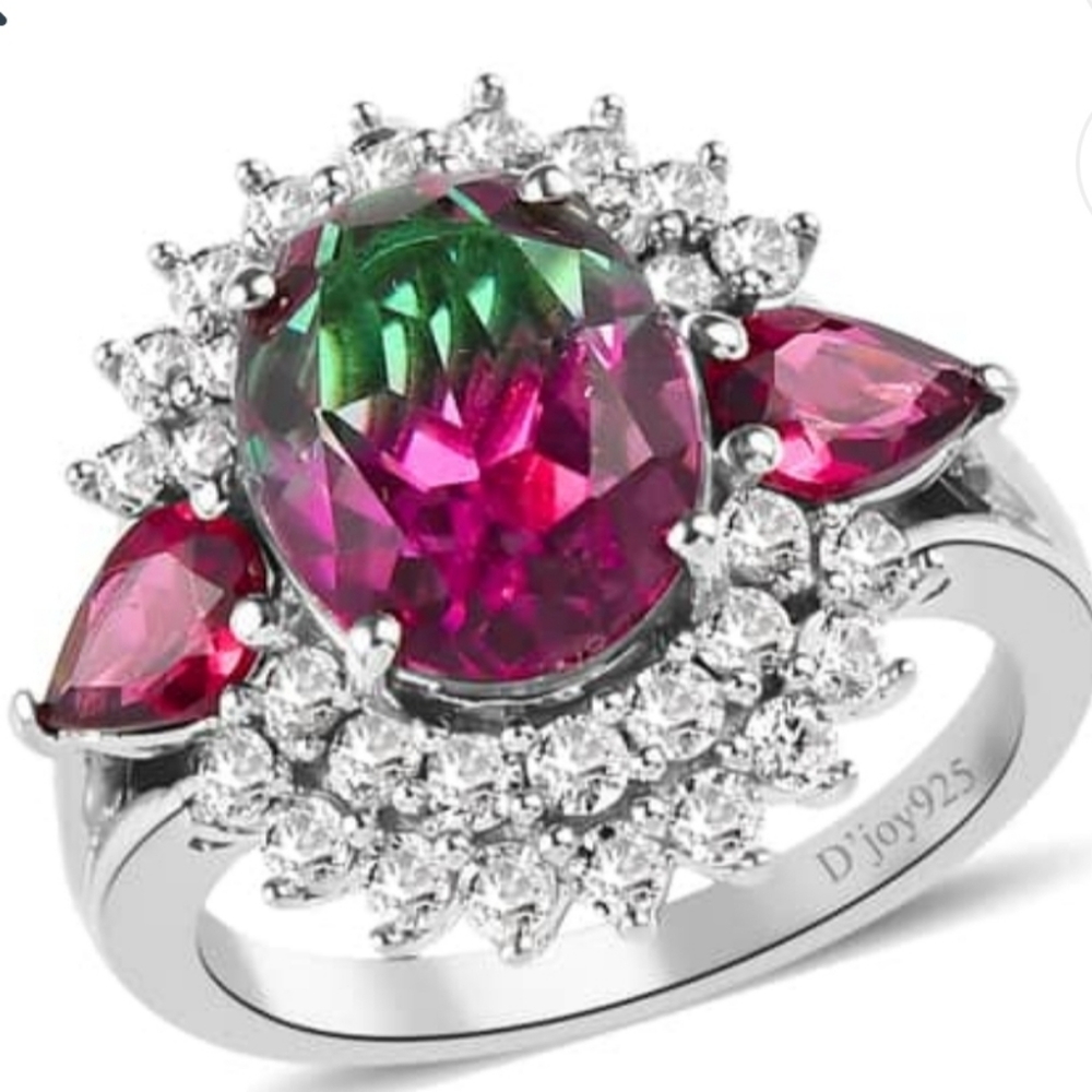 Genuine Watermelon Quartz & Multi Gemstone Ring Platinum over 925 Sz 6!